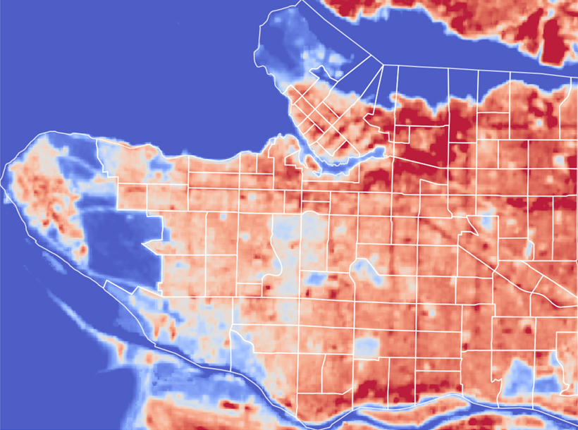 A heatmap demonstrating different neighbourhoods of Vancouver have unequal temperatures, correlating socioeconomically