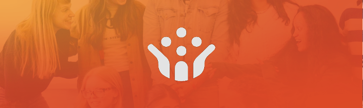 Youth crowded and sharing a laugh, overlayed with community symbol