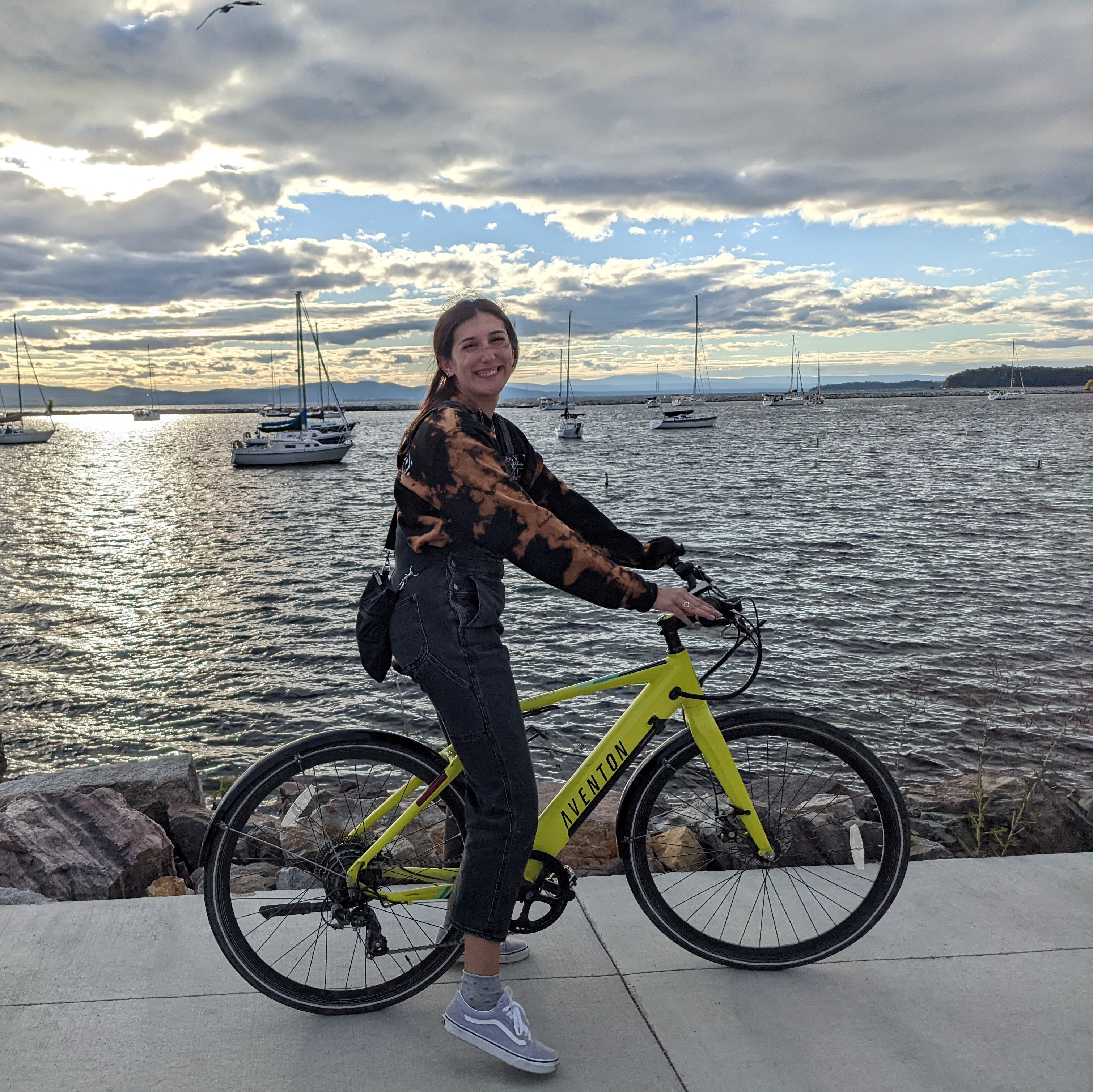 Holly Caggiano on an e-bike on the Vancouver Seawall