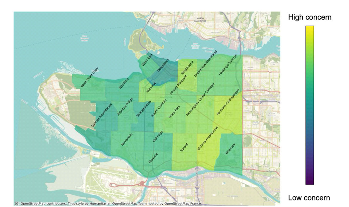 Chart showing a strong difference in concern, correlated apparently with socioeconomic factors connected to neighbourhood