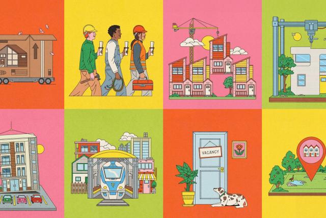 An collection of brightly coloured illustrations related to housing and construction