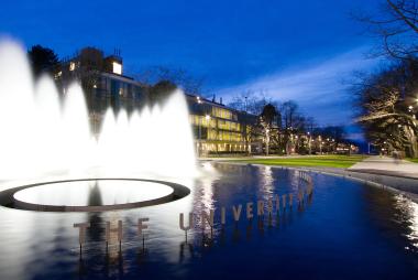 UBC's famous fountain, at night
