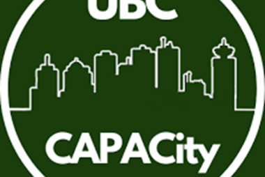 UBC CAPACity logo, a Vancouver downtown silhouette in a green backgroud 