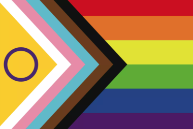 The Progress Pride flag, a pride flag with several more colours and a circle