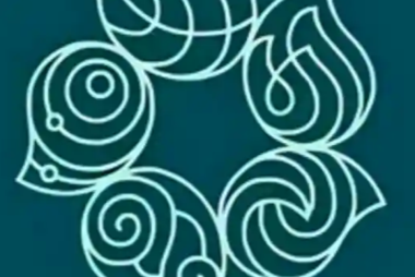 A logo with patterned leaves on a turquoise background
