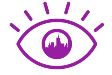 A purple eye whose pupil is a cityscape