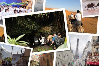 A collage of pictures depicting adventures around the world