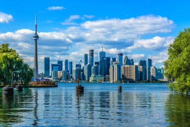 Toronto city skyline with foliage on either end