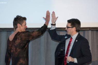 Leonie Sandercock high-fiving the Dean