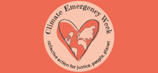 Heart-shaped globe, captioned "Collective action for justice, people, planet"