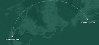 A world map connecting Vancouver and Singapore