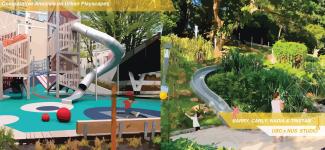 Poster of presentation, "Cultivating Play", featuring urban playground