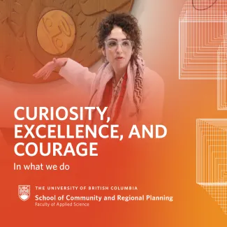 Picture of student presenting at lectern in front of Musqueam art, captioned, "Curiosity, excellence, and courage in what we do"