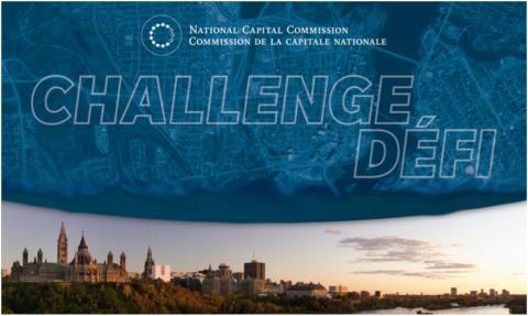 Bombastic event logo, over a sunsetting cityscape