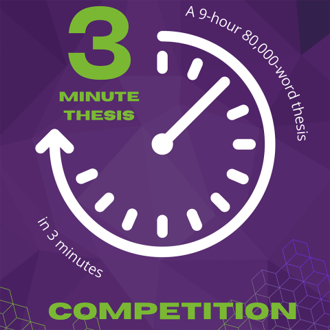 purple 3MT logo, with stopwatch and cubic graphic