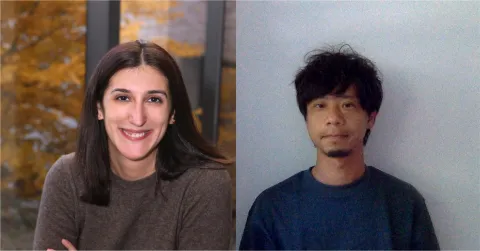 A woman sitting at a bistro table, and a man in a blue T-shirt
