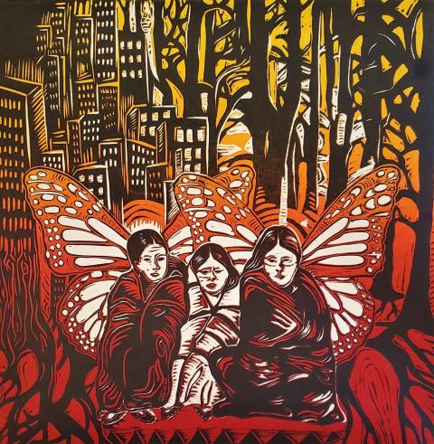 Artistic depiction of Indigenous people with butterfly wings in urban environment