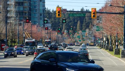 Mixed traffic at a Vancouver intersection