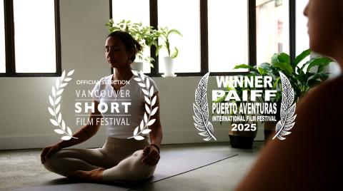 A woman meditating in a half lotus, overlayed with 2 film awards