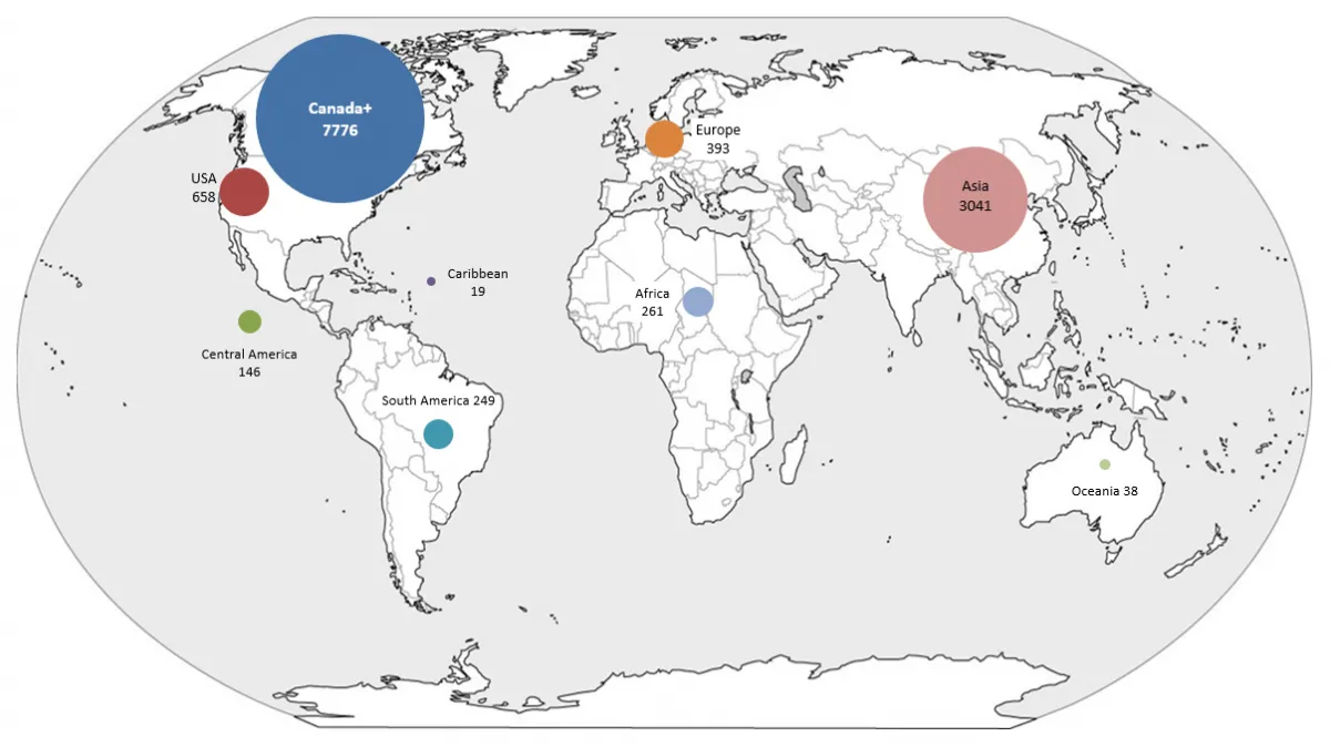 World map showing numbers in several areas, majority Canada, next Asia