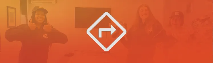 Young people giving thumbs up, overlayed with direction symbol