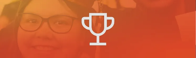 Young person smiling, overlayed with trophy symbol