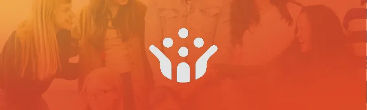 Youth crowded and sharing a laugh, overlayed with community symbol