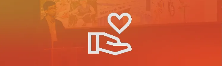 Young person at podium, overlayed by support symbol