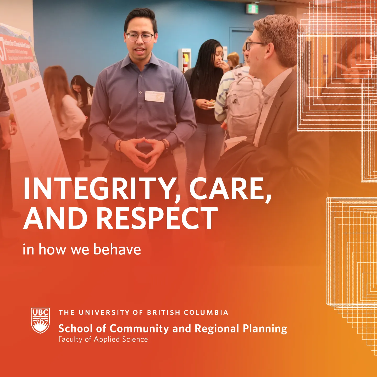 Picture of student presenting project to man in suit, captioned, "Integrity, care, and respect in how we behave"