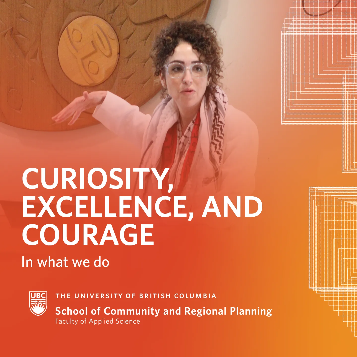 Picture of student presenting at lectern in front of Musqueam art, captioned, "Curiosity, excellence, and courage in what we do"