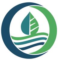 Green logo with a leaf above waves around a circle