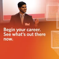 Hyperlinked picture of student gesticulating at lectern, with the caption, "Begin your career. See what's out there now."