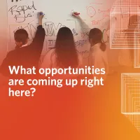 Hyperlinked picture of multiple students writing on a whiteboard, captioned, "What opportunities are coming up right here?"