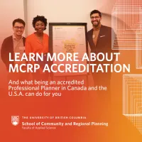 Hyperlinked picture with students presenting project poster, saying, 'Learn more about MCRP accreditation and what being an accredited Professional Planner in Canada and the U.S.A. can do for you"